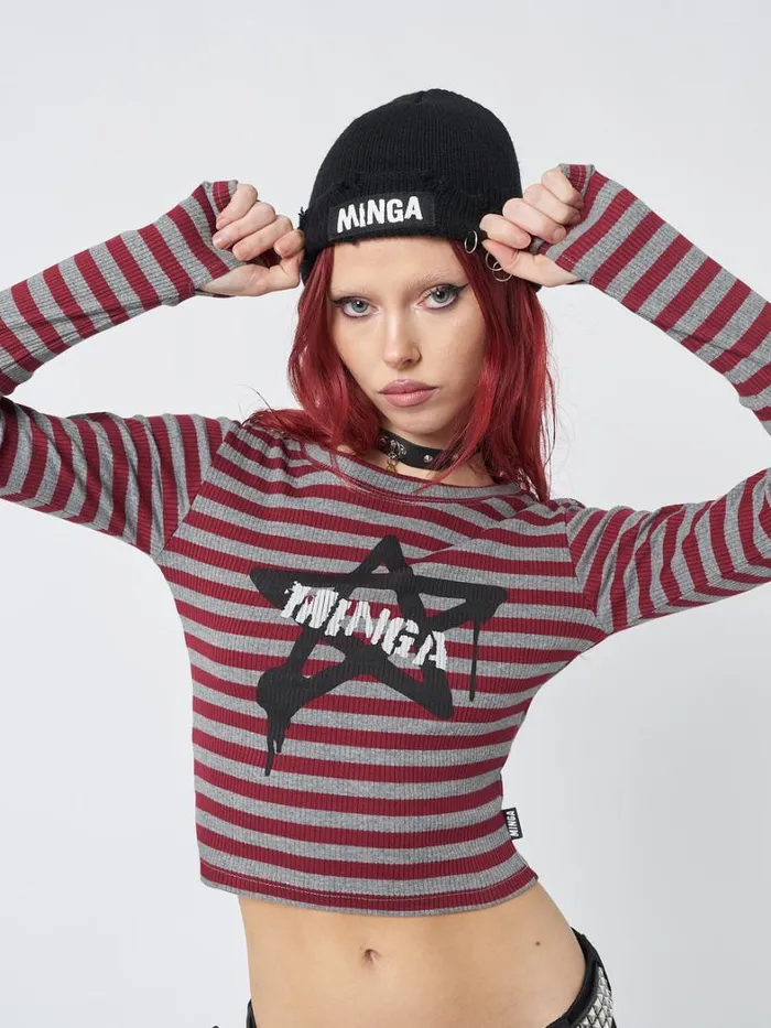 Clothing Minga London Long Sleeve Tops Star Sign Striped Rib Top