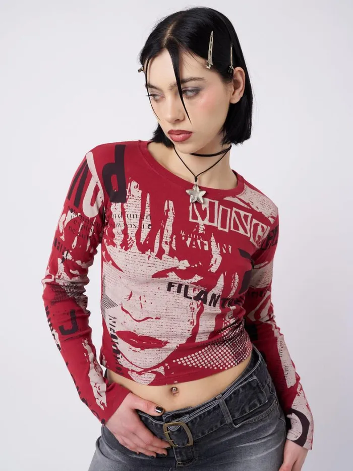 Clothing Minga London Long Sleeve Tops Veronic Red and Black Graphic Top