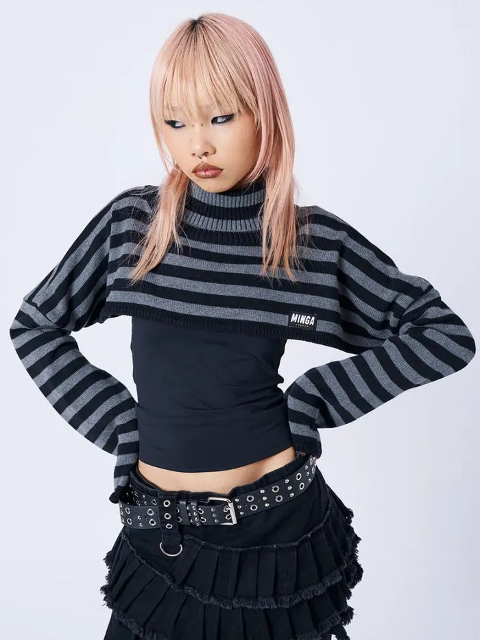 Clothing Minga London Long Sleeve Tops Wednesday Striped Extreme Cropped Top