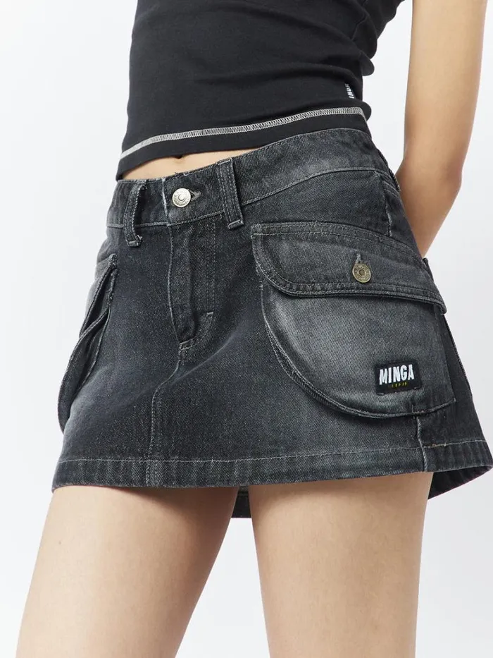 Clothing Minga London Skirts Ashley Washed Black Mini Cargo Skirt