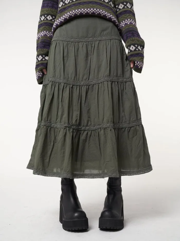 Clothing Minga London Skirts Foggy Green Ruffle Lace Maxi Skirt