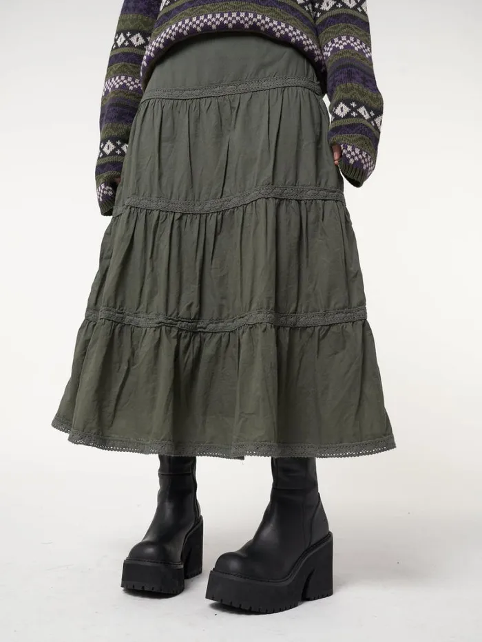 Clothing Minga London Skirts Foggy Green Ruffle Lace Maxi Skirt