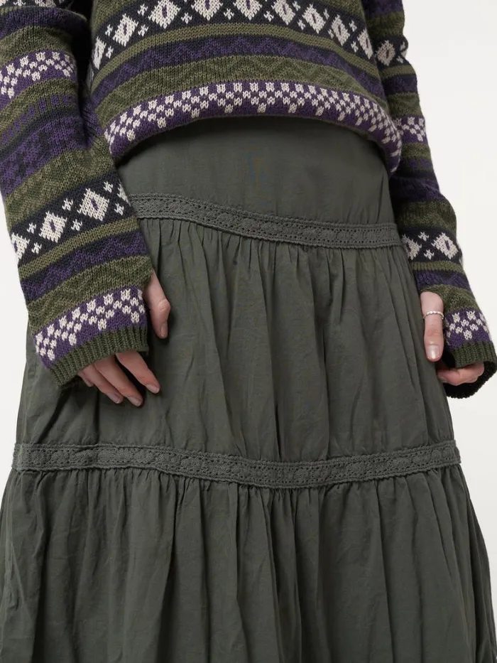 Clothing Minga London Skirts Foggy Green Ruffle Lace Maxi Skirt