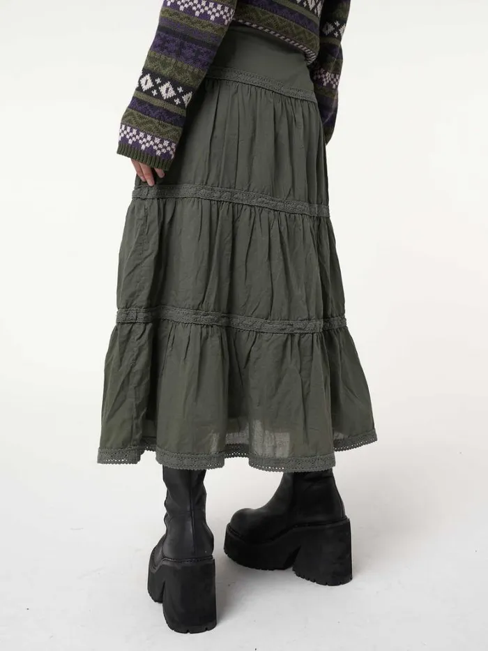 Clothing Minga London Skirts Foggy Green Ruffle Lace Maxi Skirt