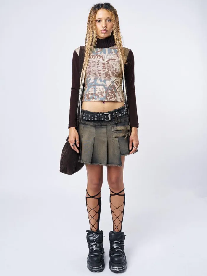 Clothing Minga London Skirts Kendra Washed Brown Pleated Mini Skirt
