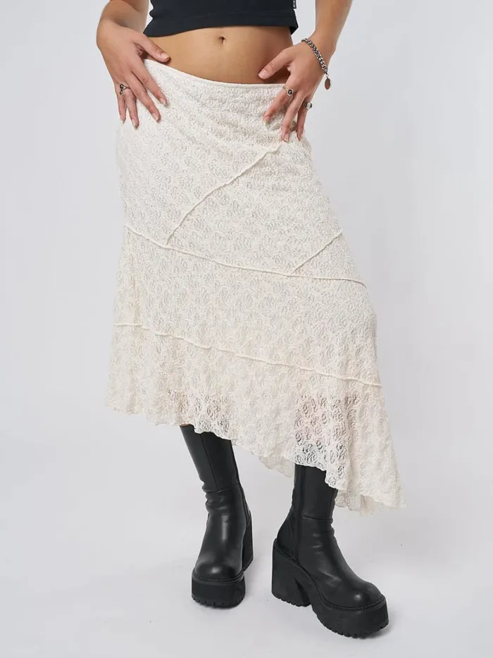 Clothing Minga London Skirts Nolia Cream Lace Asymmetric Midi Skirt