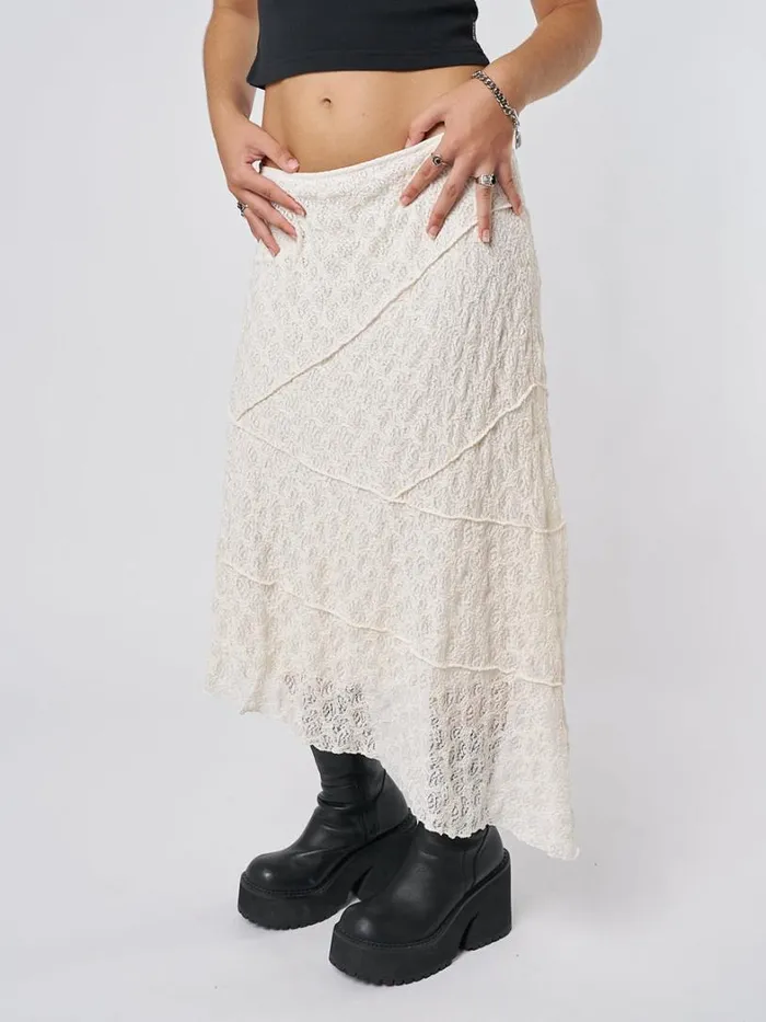 Clothing Minga London Skirts Nolia Cream Lace Asymmetric Midi Skirt