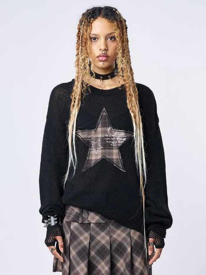 Clothing Minga London Sweaters Check Star Patch Knit Sweater