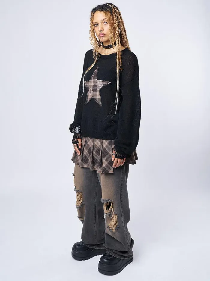 Clothing Minga London Sweaters Check Star Patch Knit Sweater