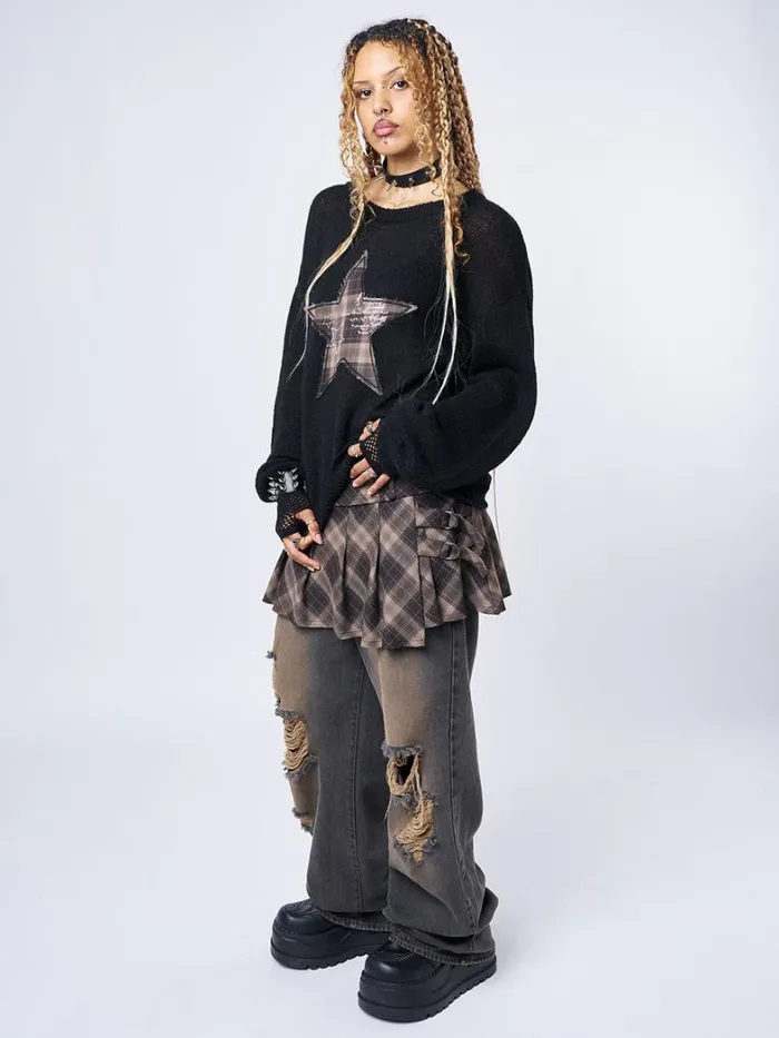 Clothing Minga London Sweaters Check Star Patch Knit Sweater