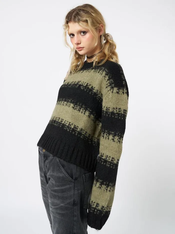 Clothing Minga London Sweaters Clara Green Cropped Striped Knit Sweater