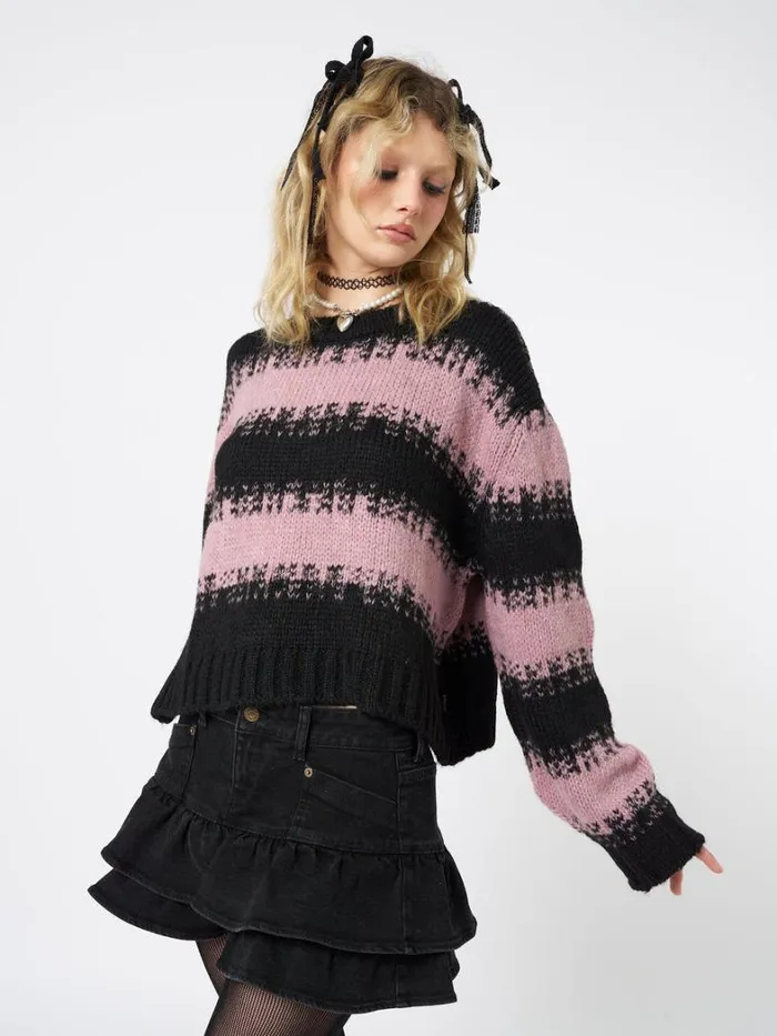 Clothing Minga London Sweaters Clara Pink Cropped Striped Knit Sweater
