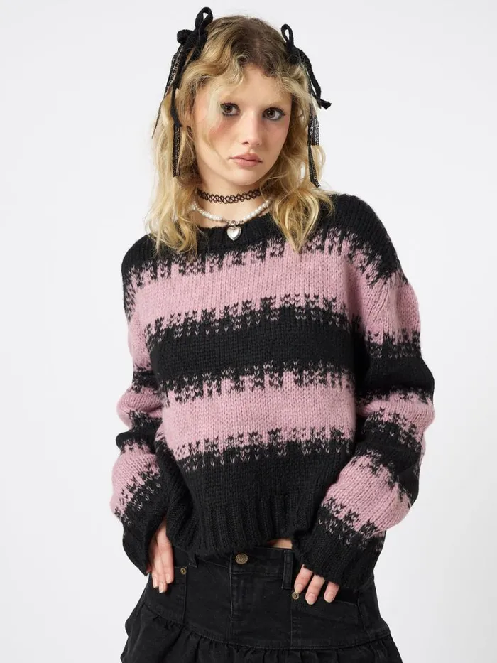 Clothing Minga London Sweaters Clara Pink Cropped Striped Knit Sweater