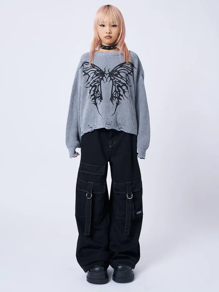 Clothing Minga London Sweaters Darkwave Butterfly Distressed Knit Jumper