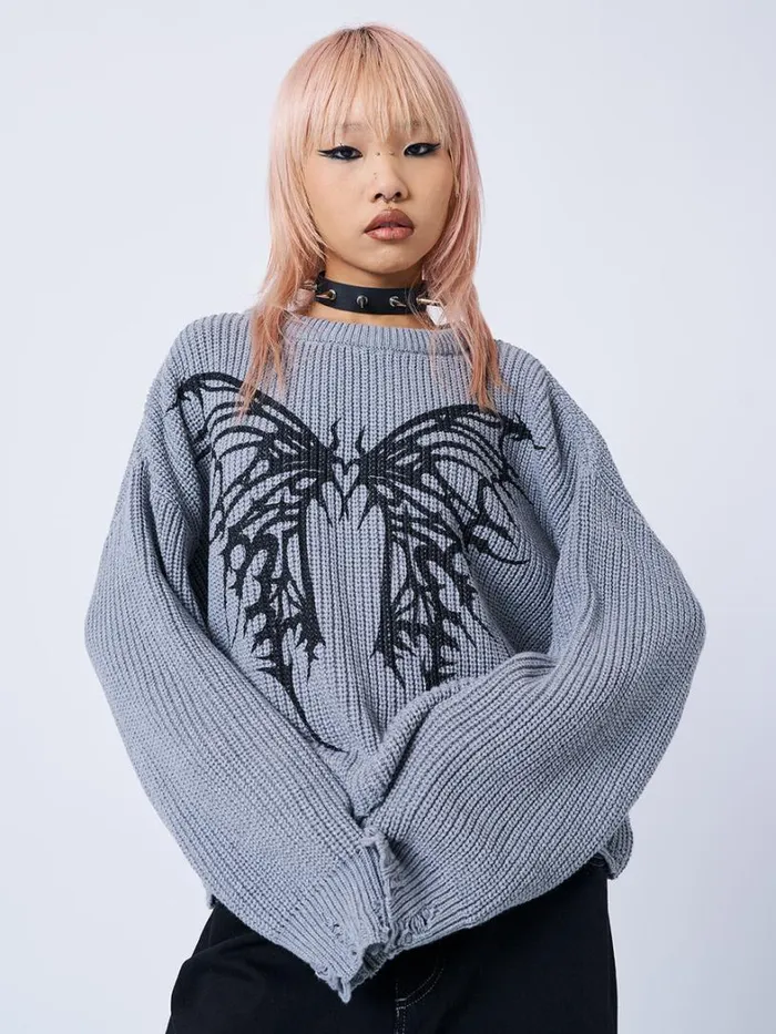 Clothing Minga London Sweaters Darkwave Butterfly Distressed Knit Jumper