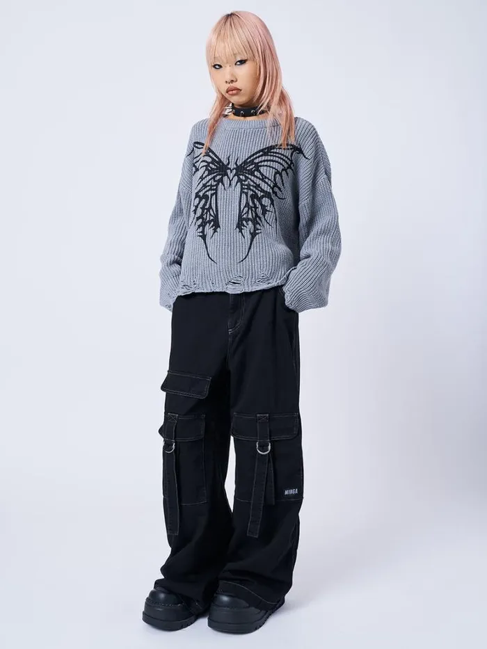 Clothing Minga London Sweaters Darkwave Butterfly Distressed Knit Jumper