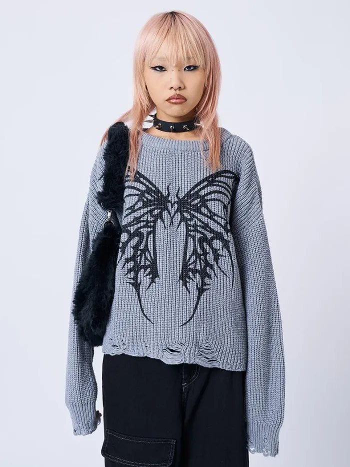 Clothing Minga London Sweaters Darkwave Butterfly Distressed Knit Jumper