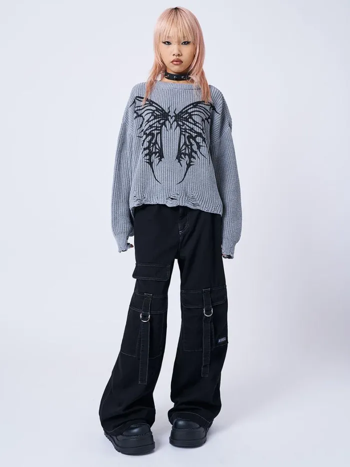 Clothing Minga London Sweaters Darkwave Butterfly Distressed Knit Jumper