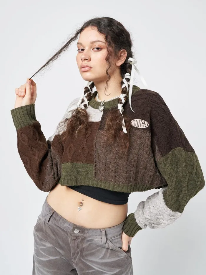 Clothing Minga London Sweaters Gigi Patchwork Cable Knit Crop Jumper