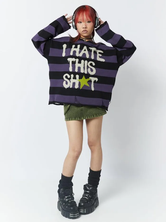 Clothing Minga London Sweaters I Hate This Sht Graphic Striped Jumper