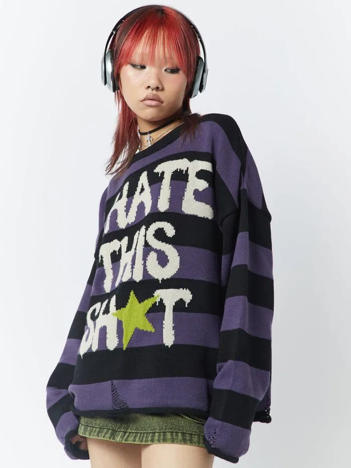 Clothing Minga London Sweaters I Hate This Sht Graphic Striped Jumper