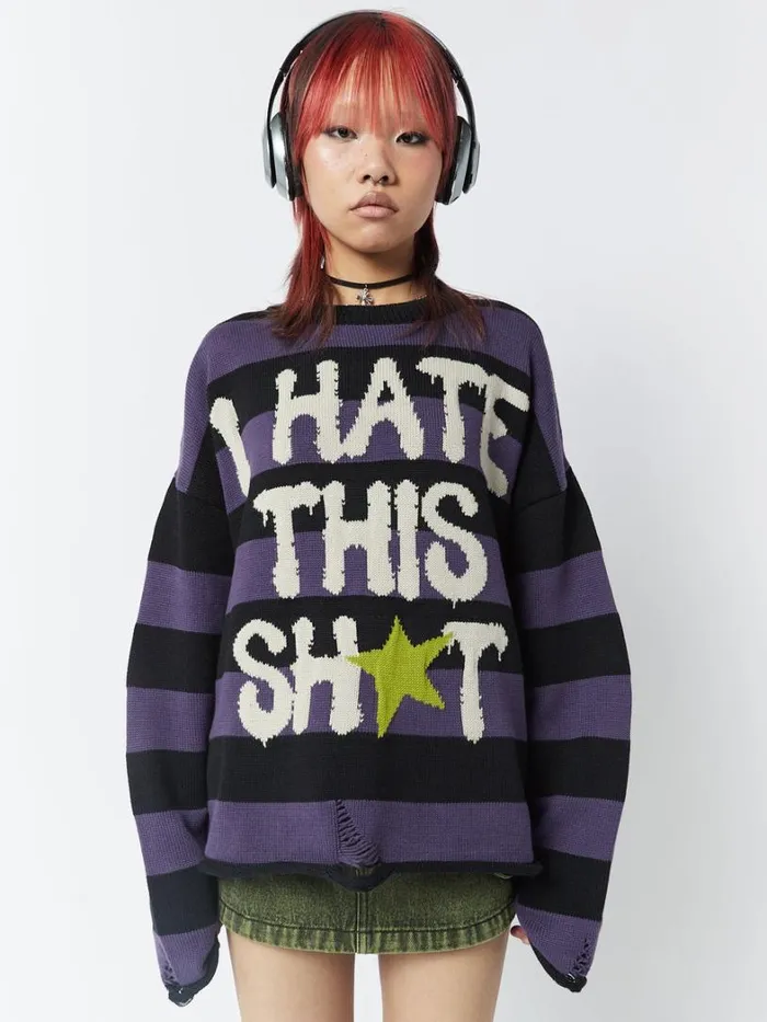 Clothing Minga London Sweaters I Hate This Sht Graphic Striped Jumper