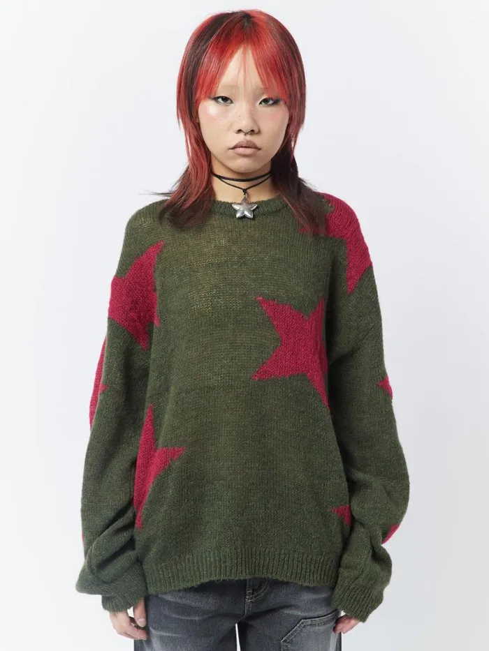 Clothing Minga London Sweaters Interstellar Star Pink Khaki Knit Sweater