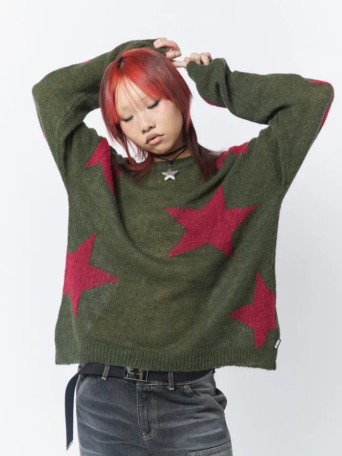 Clothing Minga London Sweaters Interstellar Star Pink Khaki Knit Sweater