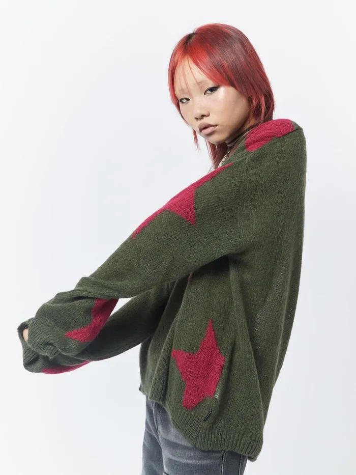 Clothing Minga London Sweaters Interstellar Star Pink Khaki Knit Sweater