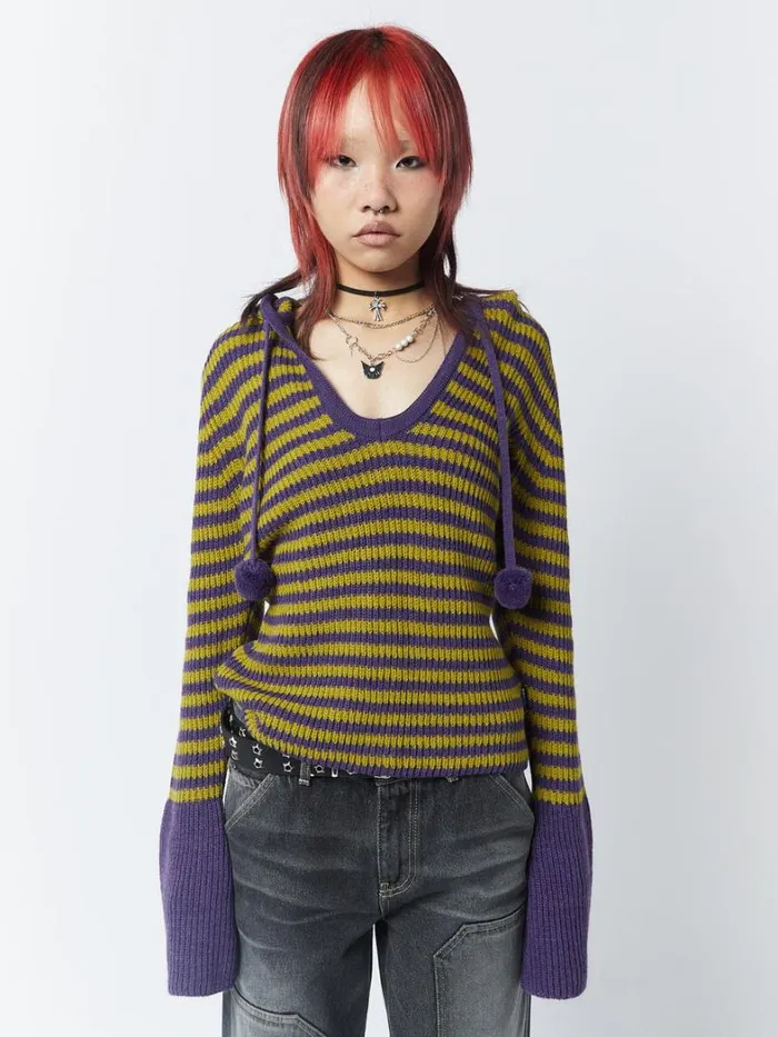 Clothing Minga London Sweaters Paige Yellow and Purple Knitted Hoodie
