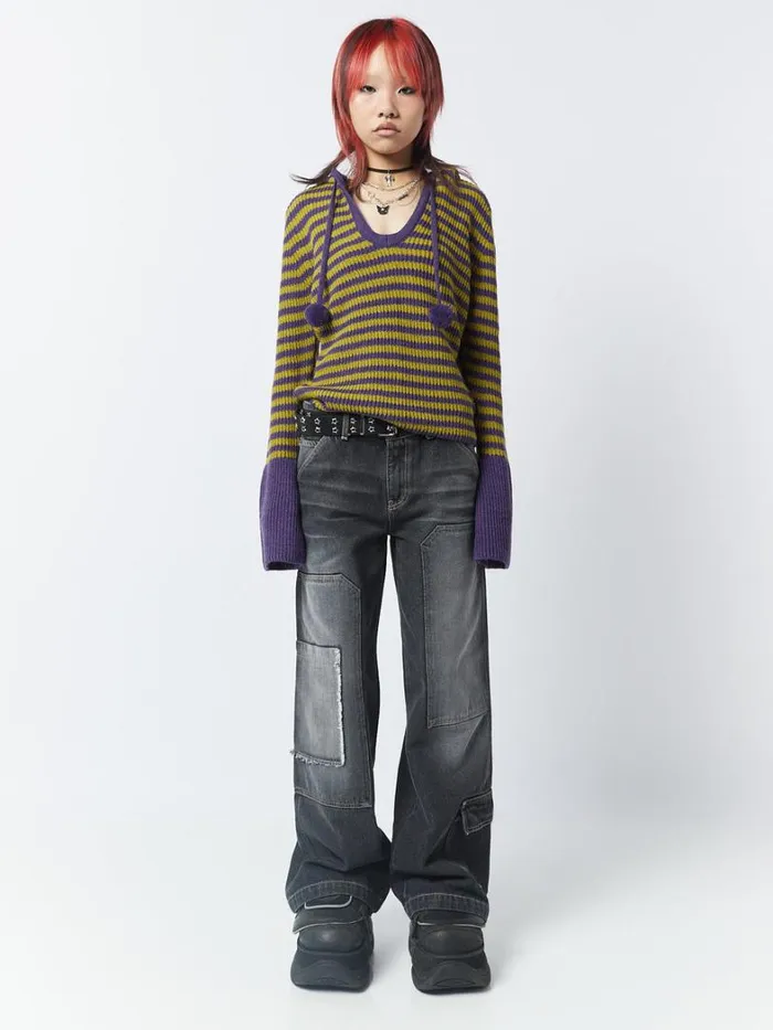 Clothing Minga London Sweaters Paige Yellow and Purple Knitted Hoodie