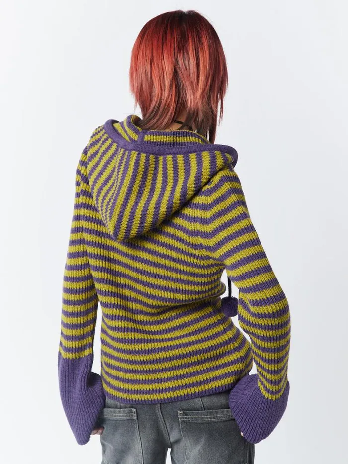 Clothing Minga London Sweaters Paige Yellow and Purple Knitted Hoodie