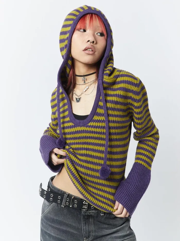 Clothing Minga London Sweaters Paige Yellow and Purple Knitted Hoodie
