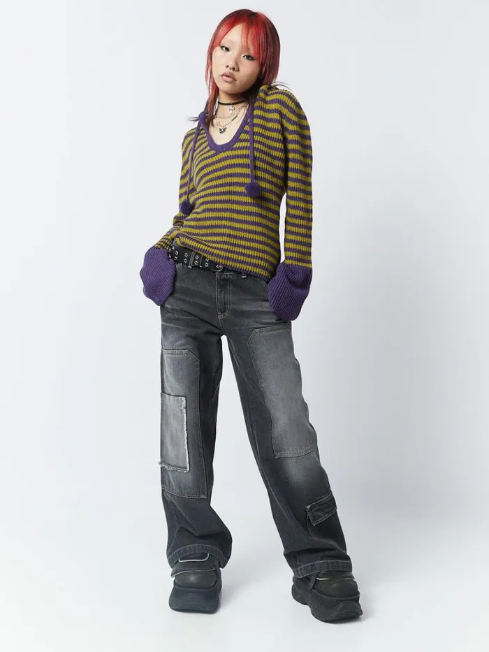 Clothing Minga London Sweaters Paige Yellow and Purple Knitted Hoodie