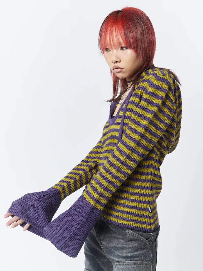 Clothing Minga London Sweaters Paige Yellow and Purple Knitted Hoodie