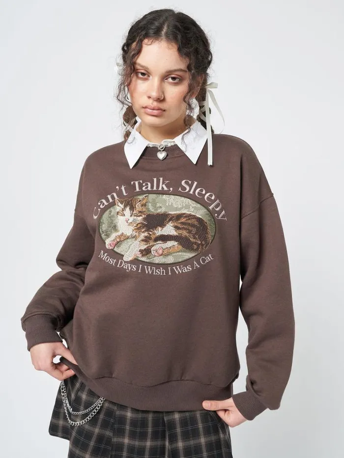 Clothing Minga London Sweatshirts Cant Talk Cat Embroidered Sweatshirt