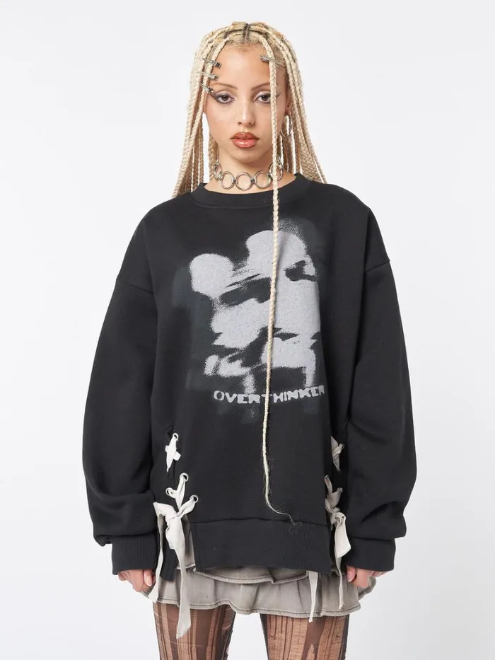 Clothing Minga London Sweatshirts Overthinker Black Lace Up Sweatshirt