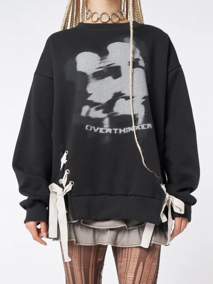Clothing Minga London Sweatshirts Overthinker Black Lace Up Sweatshirt