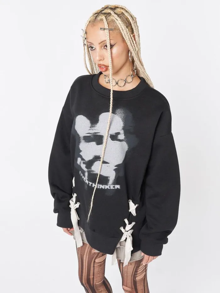 Clothing Minga London Sweatshirts Overthinker Black Lace Up Sweatshirt