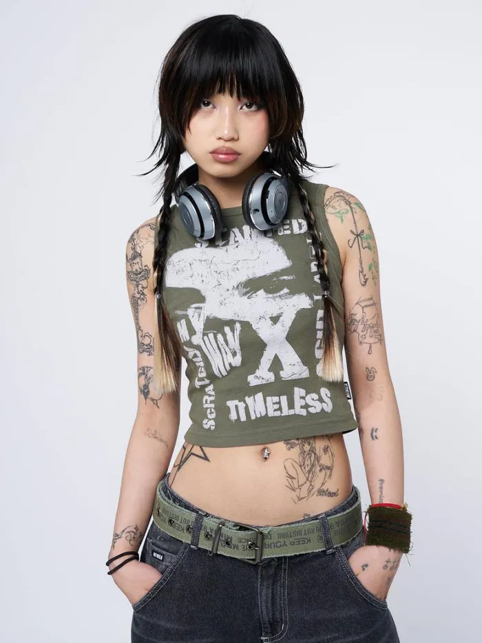 Clothing Minga London Tank Tops Acid Vision Khaki Graphic Vest Top