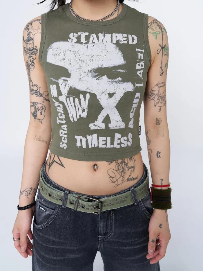 Clothing Minga London Tank Tops Acid Vision Khaki Graphic Vest Top