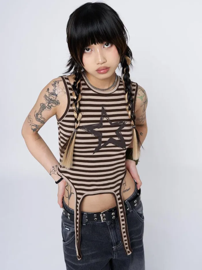 Clothing Minga London Tank Tops Star Sketch Beige Striped Straps Top