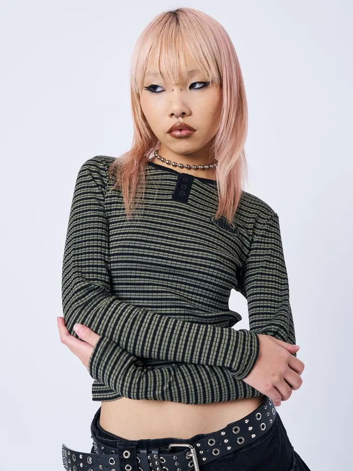 Clothing Mona Half Button Striped Rib Top Minga London Long Sleeve Tops
