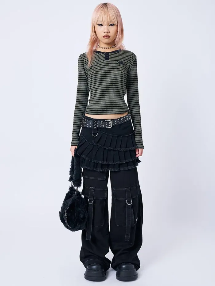 Clothing Mona Half Button Striped Rib Top Minga London Long Sleeve Tops