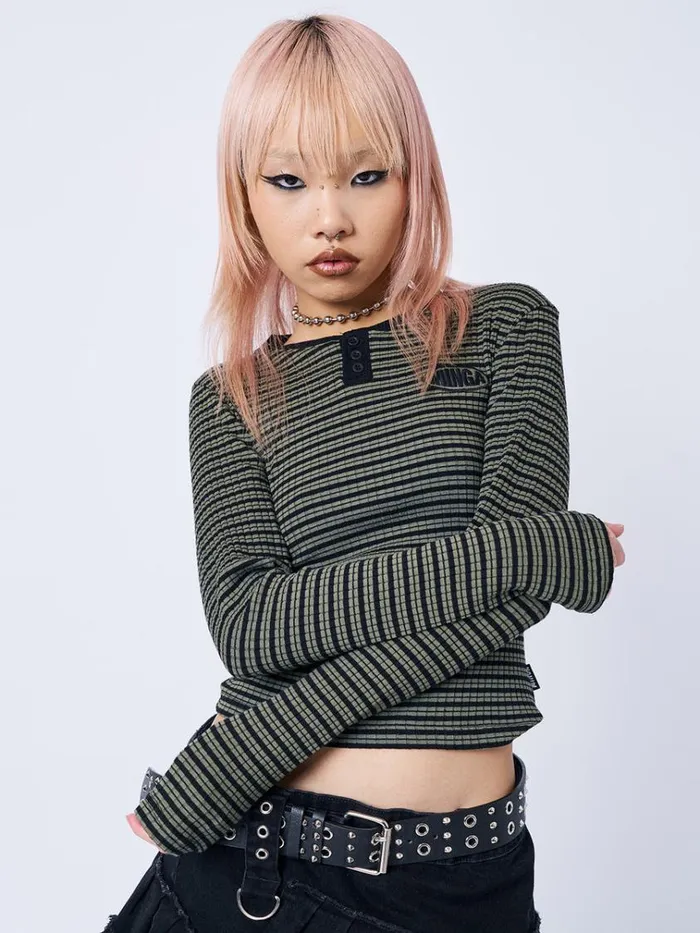 Clothing Mona Half Button Striped Rib Top Minga London Long Sleeve Tops