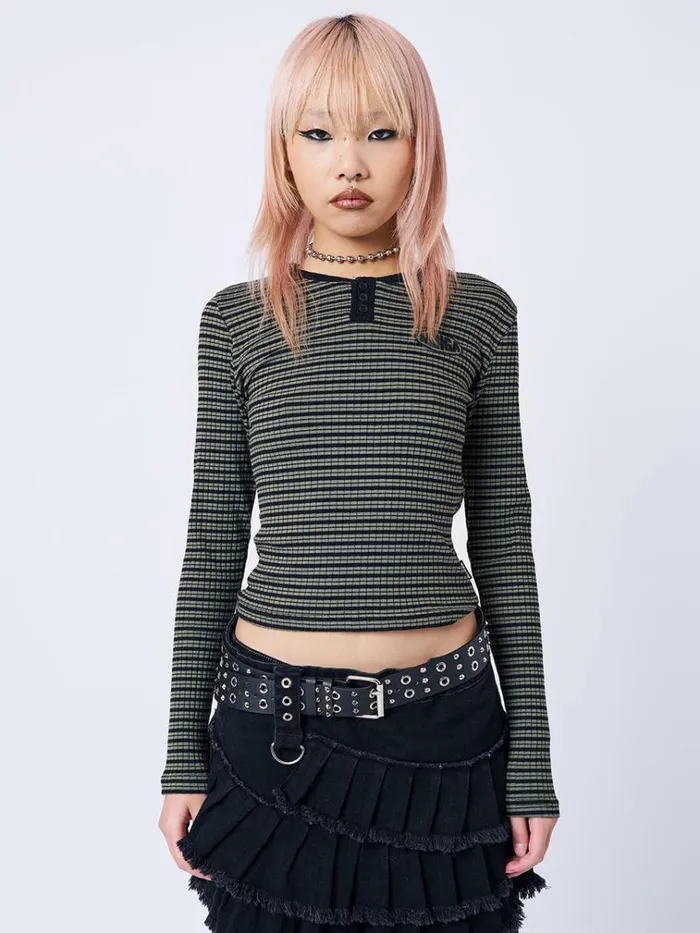 Clothing Mona Half Button Striped Rib Top Minga London Long Sleeve Tops