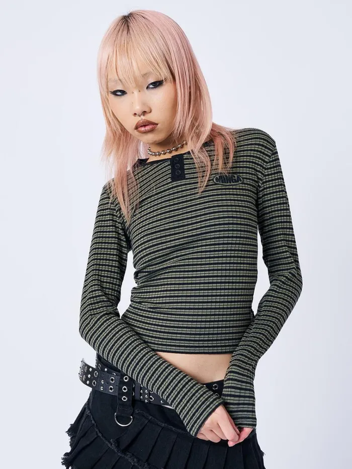 Clothing Mona Half Button Striped Rib Top Minga London Long Sleeve Tops