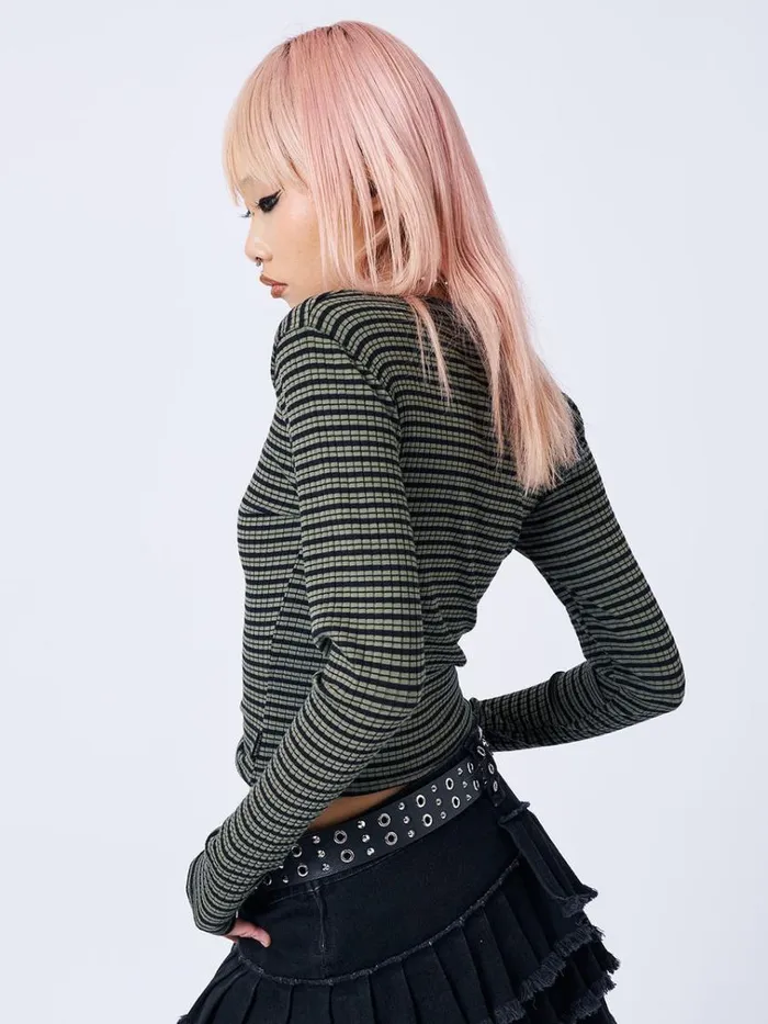 Clothing Mona Half Button Striped Rib Top Minga London Long Sleeve Tops