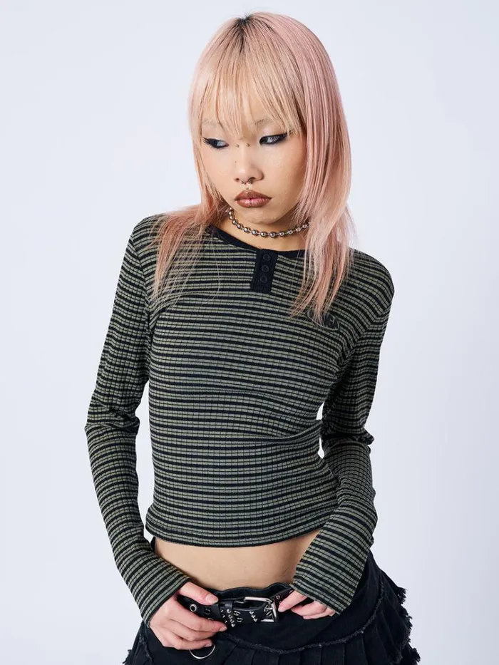 Clothing Mona Half Button Striped Rib Top Minga London Long Sleeve Tops