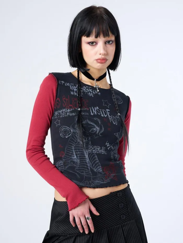Clothing No Silence Red and Black Graphic Top Minga London Long Sleeve Tops